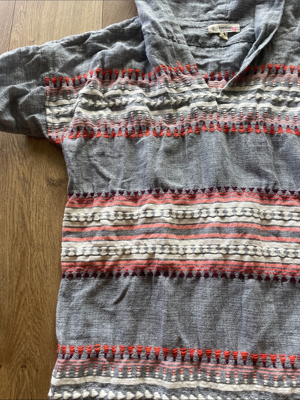 Lemlem Gray Knit Hooded Pullover with Pink Logo Detail - Picture 5 of 11